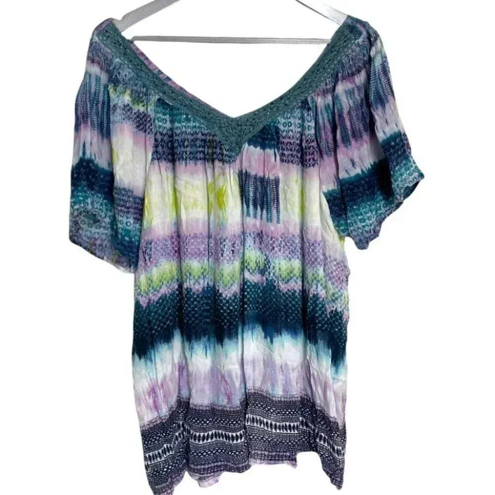 Greater Good 3X blue/purple tie dyed Boho‎ print top